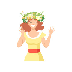 Young Beautiful Woman with Flower Wreath in Her Hair, Portrait of Happy Smiling Girl with Floral Wreath Vector Illustration