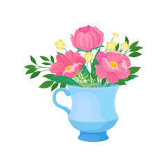 Three large pink flowers in a mug. Vector illustration on white background.