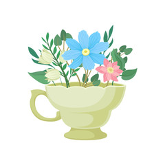 Bouquet of flowers in a beige mug. Vector illustration on white background.