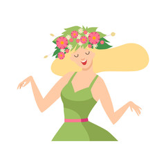 Young Beautiful Woman with Flower Wreath in Her Hair and Green Dress, Portrait of Elegant Blonde Girl with Floral Wreath Vector Illustration