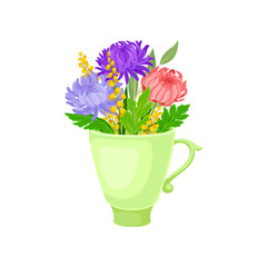 Large lush flowers in the mug. Vector illustration on white background.