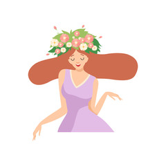 Young Beautiful Woman with Flower Wreath in Her Hair, Portrait of Happy Elegant Girl with Floral Wreath Vector Illustration