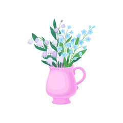 Lilies of the valley and cornflowers in the mug. Vector illustration on white background.