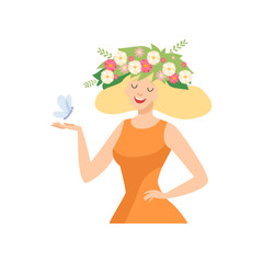 Young Smiling Beautiful Woman with Flower Wreath in Her Hair, Portrait of Elegant Girl with Floral Wreath and Butterfly Vector Illustration