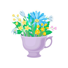 Bouquet of blue and yellow flowers in a mug. Vector illustration on white background.