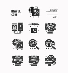 Travel icon set, Baggage, ticket, transportation, flight, airplane and more, Glyph icons Design. vector