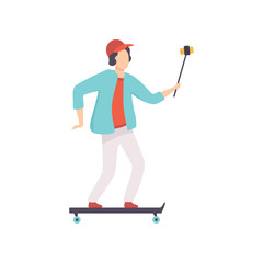 Male Skateboarder Taking Selfie Photo on Smartphone, Guy Making Photo or Video for Social Media Using Selfie Stick Vector Illustration