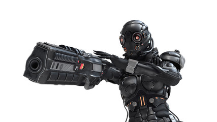 Science fiction cyborg female shooting with gun. Cyborg girl with big gun in one hand. Young Girl in a futuristic black armor suit with a helmet. Cyberpunk Shooter. 3D rendering on white background.