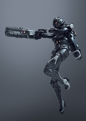 Science fiction cyborg female jumping and shooting with gun. Cyborg girl with big gun in one hand. Young Girl in a futuristic black armor suit with a helmet. Shooter. 3D rendering on gray background.