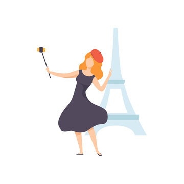 Girl Taking Selfie Photo on Smartphone on Backdrop of Eiffel Tower, Female Tourist Making Photo or Video for Social Media Using Selfie Stick Vector Illustration