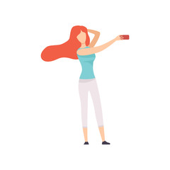Fototapeta na wymiar Beautiful Girl Taking Selfie Photo on Smartphone, Young Woman Making Photo or Video for Social Media Using Modern Gadget Vector Illustration