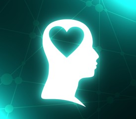 Love theme. Man head silhouette with heart as brains. Side view. Neon bulb illumination. 3D rendering