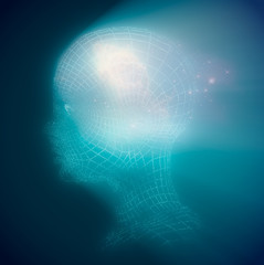 Young woman face from a 3d Grid. Wire frame model. Polygonal geometric design. Elements of this image furnished by NASA. Deep space with stars and nebula