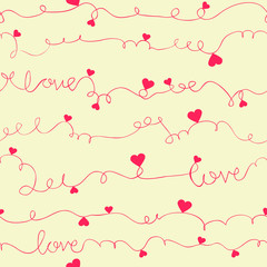 Valentine's day pattern with pink wavy lines, hearts, word love on a beige background. Irregular abstract striped texture with a vertical direction.