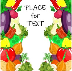 Colorful cartoon vegetables icons in round isolated on white. Vector illustration of fresh organic vegetable banner used for magazine, book, poster, card, menu cover, web pages..