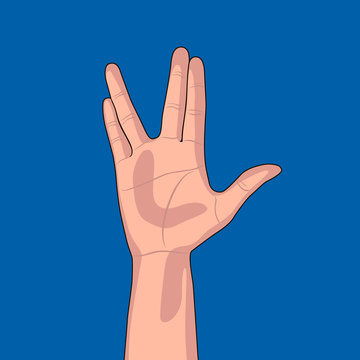 Hand gesture on blue background. Raised hand with the palm forward and the thumb extended, while the fingers are parted between the middle and ring finger.