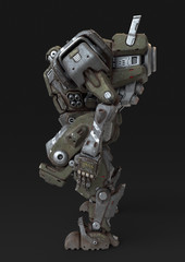 Naklejka premium Sci-fi mech soldier standing on gray background. Military futuristic Robot Battle with a green and gray color scratched metal armor. Mechanical mech with a turbine controlled by a pilot. 3D rendering