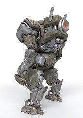 Sci-fi mech soldier standing on white background. Military futuristic Robot Battle with a green and gray color scratched metal armor. Mechanical mech with a turbine controlled by a pilot. 3D rendering