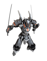 Sci-fi mech warrior holding two swords in fighting position. Mech in a flying, jumping pose. Futuristic robot with white and gray color scratched metal. Mech Battle. 3D rendering on a white background