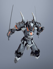 Sci-fi mech warrior holding two swords in fighting position. Mech in a flying, jumping pose. Futuristic robot with white and gray color scratched metal. Mech Battle. 3D rendering on a gray background.