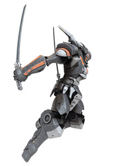 Sci-fi mech warrior holding two swords in fighting position. Mech in a flying, jumping pose. Futuristic robot with white and gray color scratched metal. Mech Battle. 3D rendering on a white background - obrazy, fototapety, plakaty
