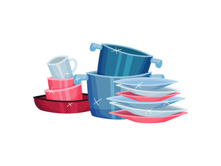 Piles of clean pots, cups and plates. Vector illustration on white background.