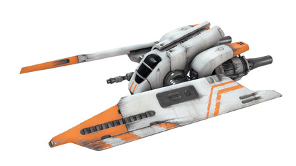 3d illustration of old scratched metal spaceship isolated on white background. Science fiction vehicle for space wars. Single pilot spaceship. Concept assault fighter, gunship. White orange spacecraft © roman3d