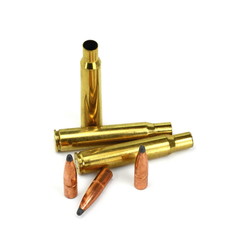 A rifle bullet, empty shell, gunpowder on white background. Hunting ammunition isolated on white.