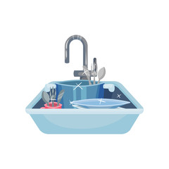 Clean pans, mugs and cutlery in the sink. Vector illustration on white background.