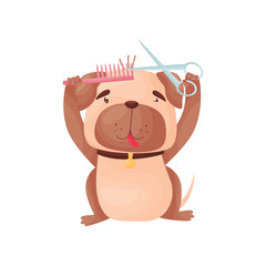 Cartoon pug cuts hair on his head. Vector illustration on white background.