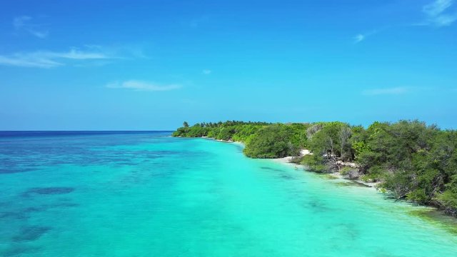 Aerial view of a flight along a tropical island with palm trees on it. Shallow turquoise water in front of it. The Bahamas under. Dolly in