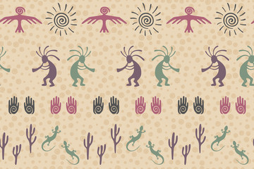 Traditional, design with gecko, Kokopelli fertility god, sun, bird, cacti.