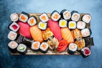 Big set of colorful sushi rolls