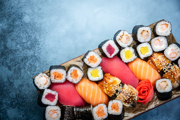 Big set of colorful sushi rolls