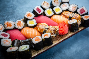 Big set of colorful sushi rolls