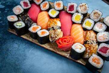 Big set of colorful sushi rolls