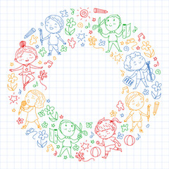 creative kids dancing, sing, playing football, playing guitar, violin, making models from paper. colorful pen drawing on squared notebook.