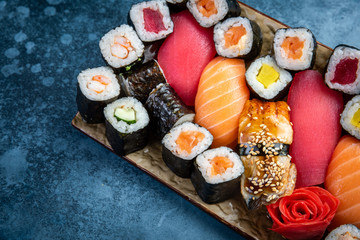 Big set of colorful sushi rolls