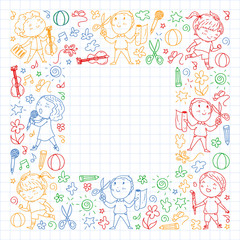 Fototapeta na wymiar creative kids dancing, sing, playing football, playing guitar, violin, making models from paper. colorful pen drawing on squared notebook.