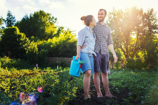 A beautiful young couple of hipsetrs caring for a garden on a bright summer day, eco-friendly lifestyle in the village