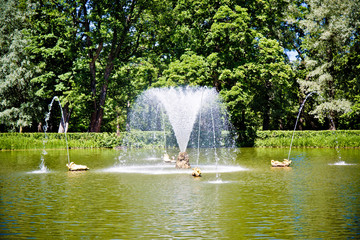 Fototapeta premium old pond with a fountain in the middle of a lake in the park