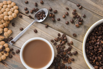Top view coffee cup with grains