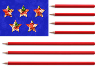 An altrnative view of Stars and Stripes, flag of United States of America with sandwich stars and pencils as a lines. Modern design. Contemporary art. Creative conceptual and colorful collage.