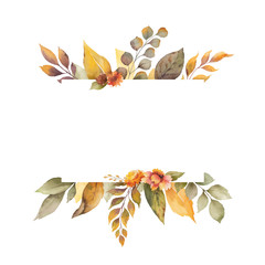 Watercolor vector autumn banner with leaves, flowers and branches isolated on white background.