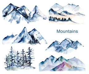 Set with mountains and forest, nature landscapes. Watercolor hand painting sketch scenery. Perfectly for tourism and outdoor design. Illustrations isolated on white background.  © Larisa