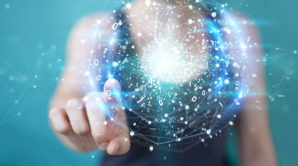 Woman creating renewable and sustainable eco energy with electrical sphere 3D rendering