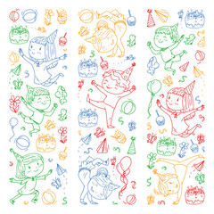 Vector illustration in cartoon style, active company of playful preschool kids jumping, at a party, birthday, colorful pen.