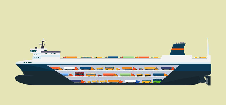 Roro carrier ship isolated. Vector flat style illustration.