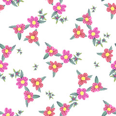 Different fantasy flowers are the seamless pattern in abstract style on a colorful background. Vector floral background. Summer background. Design illustration vector. Vector spring template.