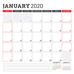 Calendar planner for January 2020. Week starts on Sunday. Printable vector stationery design template